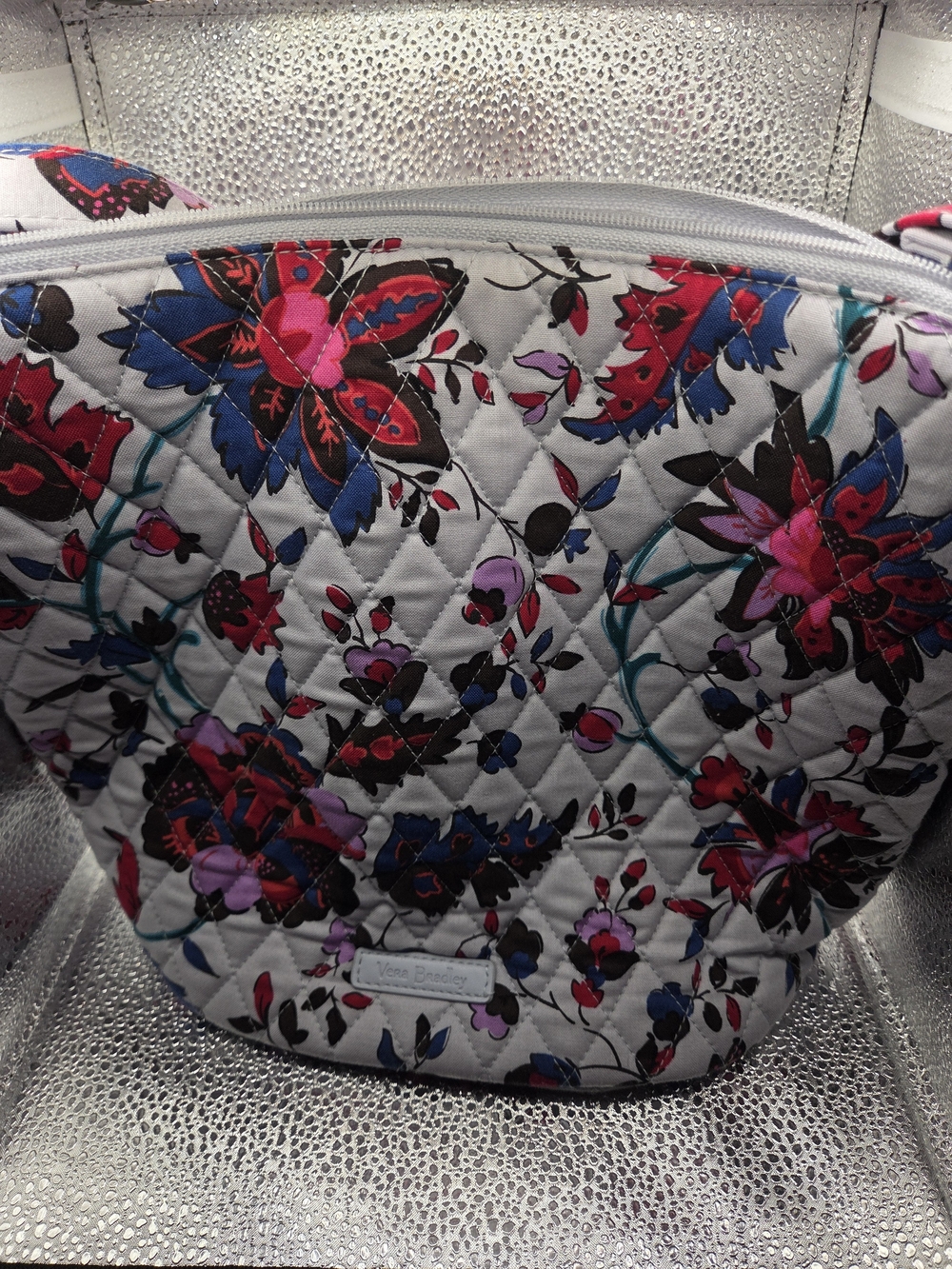 Vera Bradley Quilted Floral Crossbody Bag — Gray with Pink and Blue Blossoms